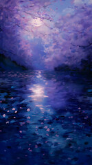 Fototapeta premium Dreamy Abstract Landscape Painting with Purple Hues and Serene Water, Reflecting a Moonlit Night with Vibrant Blues in an Impressionistic Style