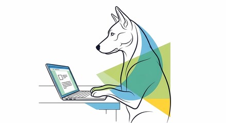 Minimalist Cartoon Dog Using Laptop Illustration