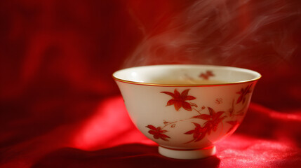 Delicate porcelain teacup with red floral motifs, steaming jasmine tea reflecting golden light against muted silk.