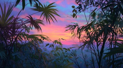 Obraz premium Lush tropical foliage frames a vibrant sunset, showcasing a palette of soft pinks, purples, and blues.