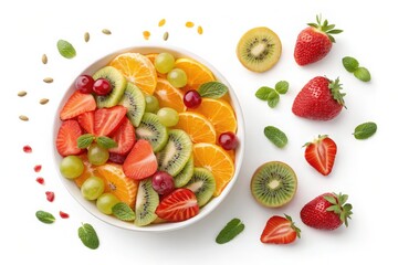 Naklejka premium Fresh fruit salad bowl with strawberries and kiwi isolated on white background