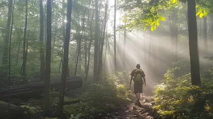 A person walks through a misty forest with sunbeams breaking through the trees