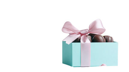 Obraz premium • A cute Mother’s Day gift box with a ribbon and chocolates, isolated on white background in HD 