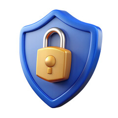 3d security shield with lock icon isolated on transparent background