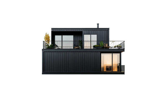 PNG a black house with small windows and a balcony on a transparent background - Powered by Adobe