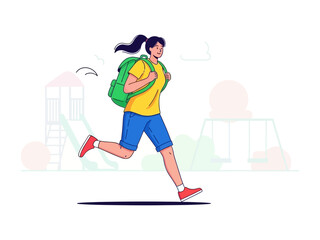 Onward Journey: A woman, her figure outlined against a bright background, dashes with a full backpack, an illustration that captures energy and readiness. 