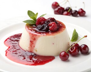 Delicious panna cotta with berries and cherry sauce isolated on white background