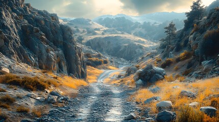 A winding dirt road meanders through a rugged mountain pass with rocky cliffs and sparse vegetation under a bright sky, offe a scenic and adventurous journey.