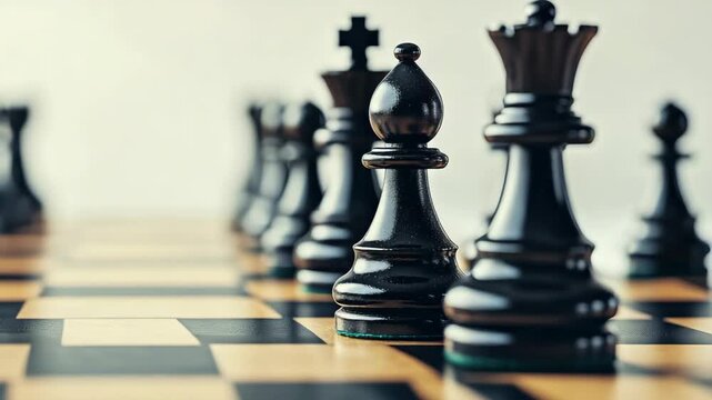 Close-up of chessboard with black and white pieces ready for play