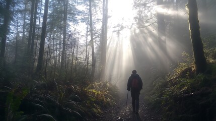 Golden sunbeams pierce through foggy forest illuminating a solitary hiker on a trail