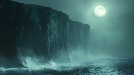 A captivating view of massive coastal cliffs with waves crashing against the dark rocks under a bright full moon illuminating the misty night sea landscape.