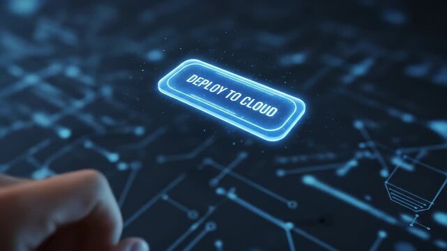 Cloud Computing Migration. Cloud computing migration concept with futuristic interface, digital hand, glowing deploy to cloud button, technology
