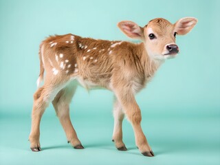 Obraz premium A charming young brown and white spotted calf stands gracefully on a clean light blue studio background, looking attentively forward.