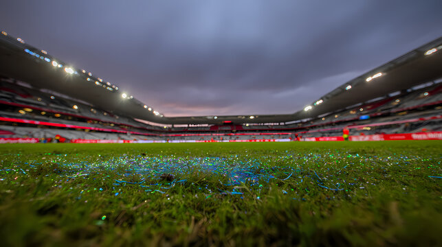 Empty soccer stadium at dusk with glowing floodlights and green turf showing subtle confetti remnants.