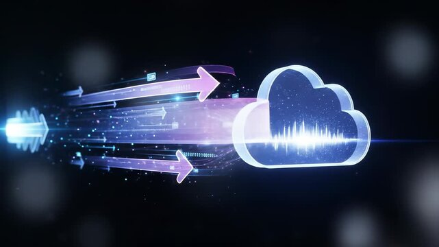 Cloud Computing Migration. Cloud computing migration concept with glowing arrows, digital data transfer to cloud symbol, technology progress