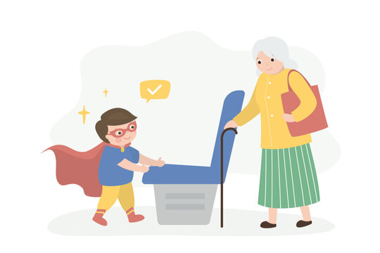 Polite little boy gives up his seat on public transport to an elderly woman. Funny child in superhero costume stands up so that old lady can sit down.
