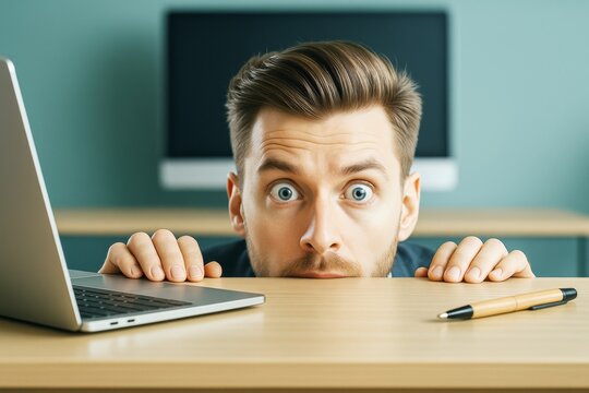 Surprised man peeking over desk in office with laptop and pen on wooden table, light background, humorous lifestyle concept illustration. - Powered by Adobe