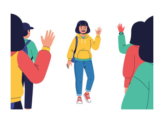 Friendly Greetings: A cheerful illustration capturing the essence of camaraderie and friendly interaction. A person with a bright yellow sweater waves, sharing warm greetings. 