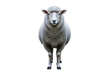 Close-up of a white sheep standing on a black background with a focus on its face and woolly coat
