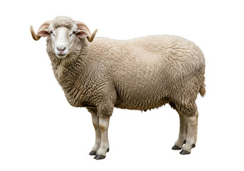 Fototapeta premium Close-up of a Woolly Sheep with Curly Wool and Curved Horns on a Black Background