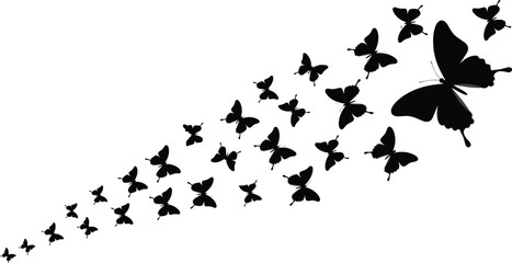 Black butterfly silhouettes flying in diagonal pattern, growth and transformation concept, vector illustration for nature, design, abstract, minimal themes