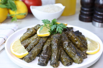 yaprak dolma sarma stuffed grape leaves rice,  Lebanese dolma sarma on plate. Lebanon turkish greek middle eastern cuisine. (Turkish name; zeytinyağlı yaprak sarma)
