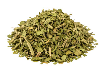 Close-up of dried chopped moringa leaves isolated on black background for herbal use or cooking