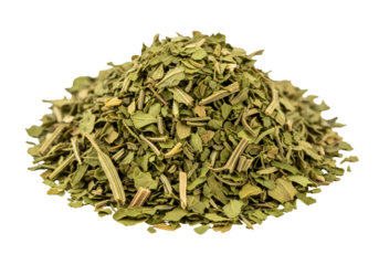 Close-up of dried chopped moringa leaves isolated on black background for herbal use or cooking