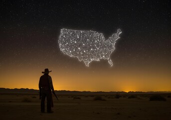 Man in Cowboy Hat Contemplating a Luminous USA Map Under Night Stars