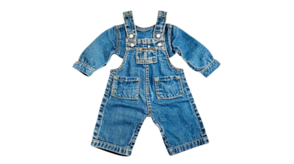 PNG a child's overalls made out of blue jeans on a transparent background