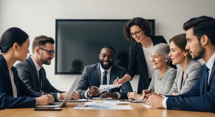 A diverse group of business professionals discussing financial data in a conference room.