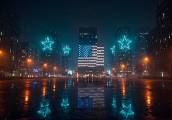Illuminated Cityscape with Buildings Displaying American Flag and Star Designs