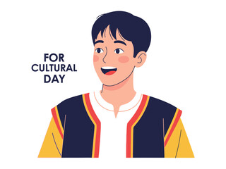 Fototapeta premium Cultural Day Illustration: A vibrant illustration of a smiling individual in traditional attire, celebrating cultural heritage, with the words FOR CULTURAL DAY elegantly inscribed above. 