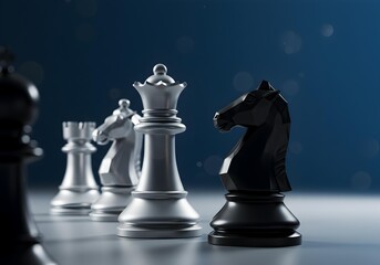 Close-up of a Black Chess Knight with White Pieces in the Background