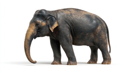 Fototapeta premium Elegant, dark-skinned elephant stands on white background, its trunk curved downward