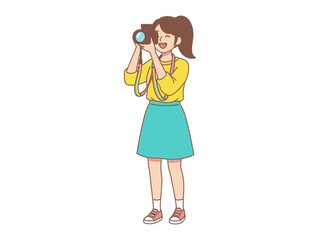 Snap It Up: A cheerful person captured in a lively illustration taking picture with camera, with colorful design on a transparent background.
