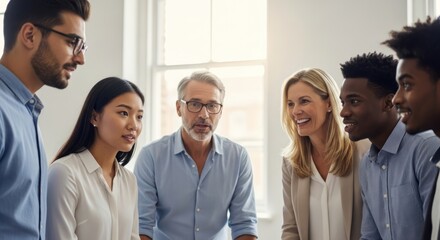 A diverse group of business professionals discussing in an office setting.