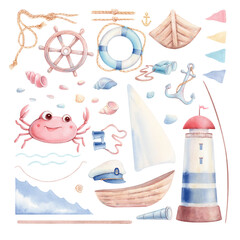 A large watercolor set with a crab, a lighthouse, a wooden boat with a sail, a captain's cap, shells and additional elements. Hand drawn watercolor illustrations. A collection in a nautical style.