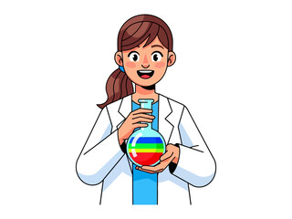 Scientist Holding Chemical Flask: A scientist, in a pristine lab coat, meticulously examines a flask filled with vibrant, rainbow-colored chemicals, exemplifying the essence of scientific innovation.