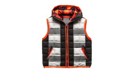 PNG a black and orange jacket with a black and white checkerboard pattern on a transparent background
