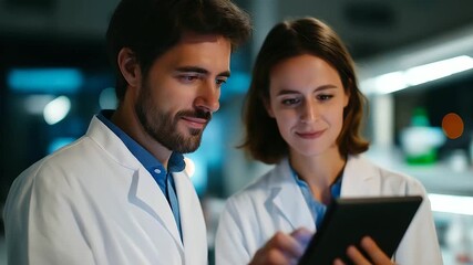 Laboratory setting with scientists conducting evening research utilizing digital tablets for data analysis representing scientific innovation, digital technology, research development, data analysis - Powered by Adobe