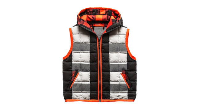 PNG a black and orange jacket with a black and white checkerboard pattern on a transparent background - Powered by Adobe