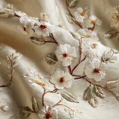 The embroidered cherry blossom pattern on the cream fabric is exquisite, with white flowers and green leaves. 