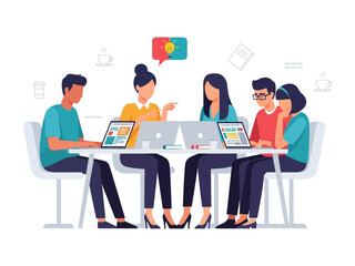Workplace Dynamics: Dynamic vector illustration of a vibrant office setting, where a collaborative group engages in brainstorming, with laptops at the ready and a lively exchange of ideas. 
