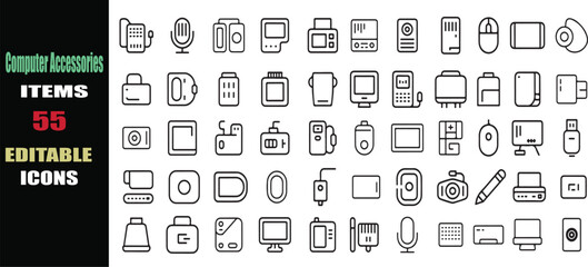 Computer Accessories Icons – 55 Minimalist Line Symbols of Tech Devices & Peripherals