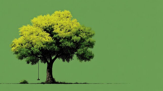 Green tree illustration with yellow leaves swing and grass on a solid green background - Powered by Adobe