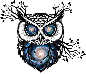 Obraz premium Intricate graphic design of an owl with cosmic eyes and branching tree elements.