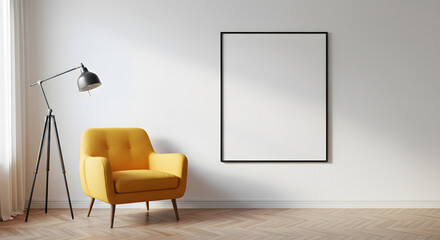 A minimalist interior scene featuring a stylish yellow armchair and a modern floor lamp positioned next to a blank framed picture on a white wall.