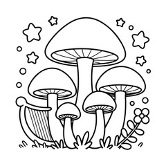 Vector illustration of mushroom - Coloring Pages for Kids & Adults, line art vector illustration, Easy, Cute & Cozy Coloring Book for Relaxation and Creativity
