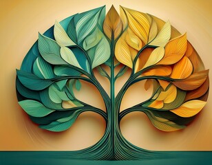 geometric interlocked leaves modern tree design abstract forest ecosystem green teal yellow palette interconnectedness symbol contemporary flat design for world forestry day